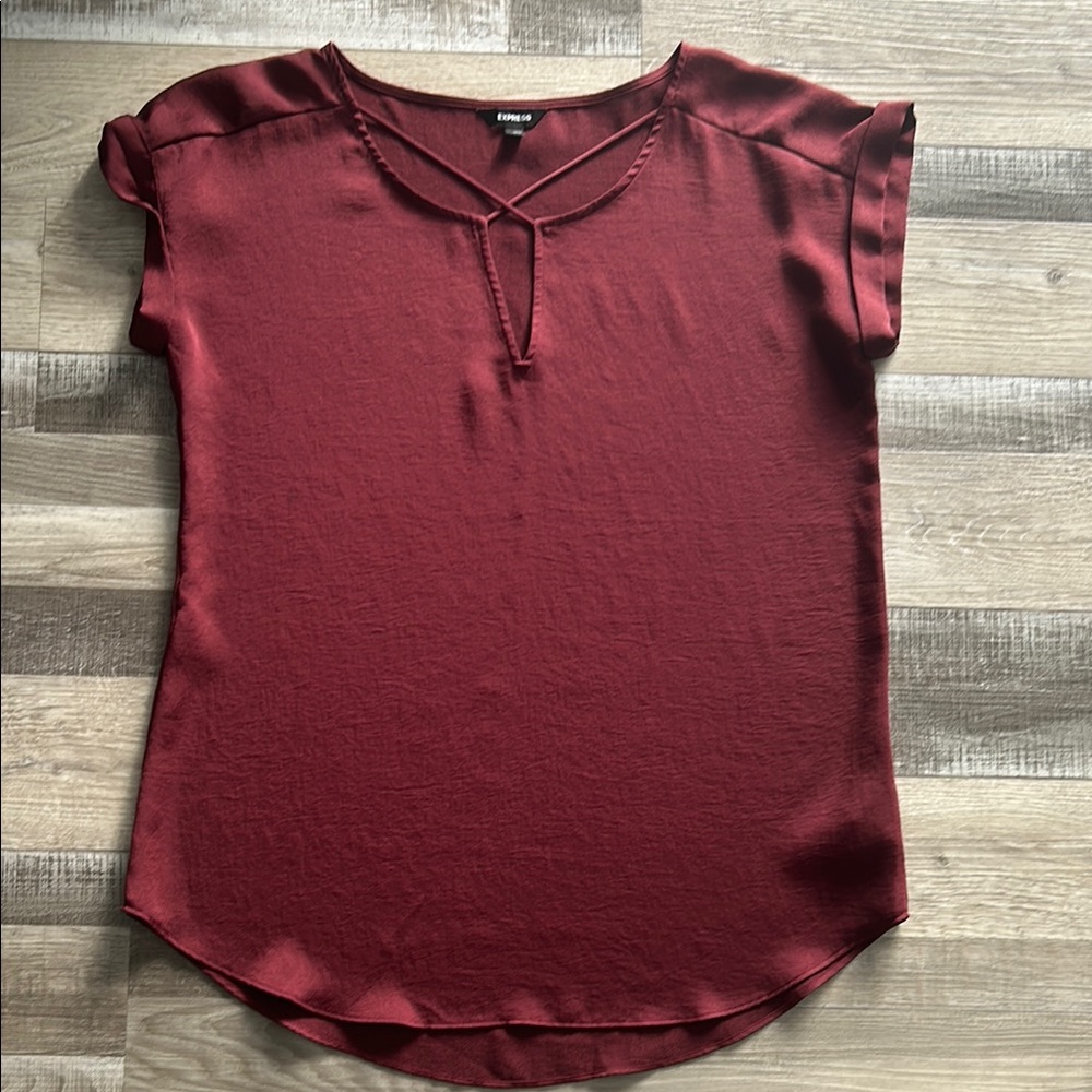 Express Red Cap Sleeve Blouse with Tie Front and Relaxed Fit